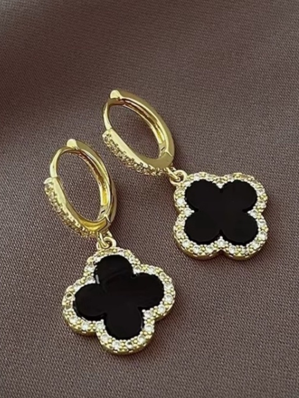 ***Timeless Gold Black Clover Drop Hoop Earrings by